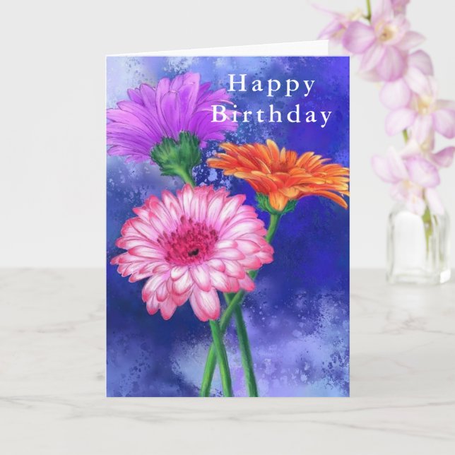 Carte Joyeux Anniversaire - Trois superbes Gerberas coul (Orchidée)
