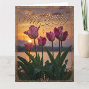 Carte Joyeux Anniversaire Tulipes au Coucher du Soleil C