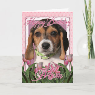 Carte Joyeux anniversaire - Tulipes roses - Chiot Beagle