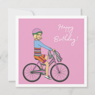 Carte Joyeux anniversaire - Une fille en vélo rose