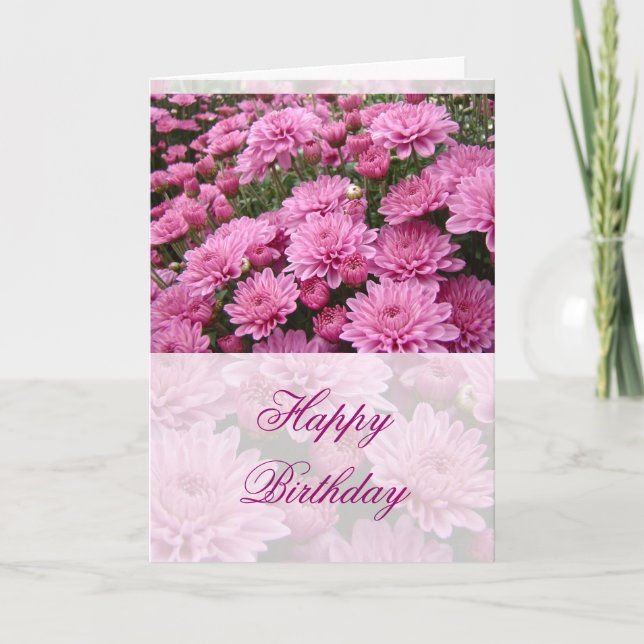 Carte Joyeux anniversaire - Une mer de chrysanthèmes ros (Devant)