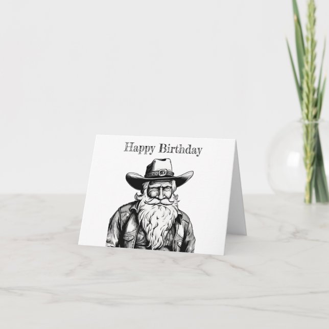Carte Joyeux Anniversaire Vieux Cowboy en Veste Cuir (Devant)