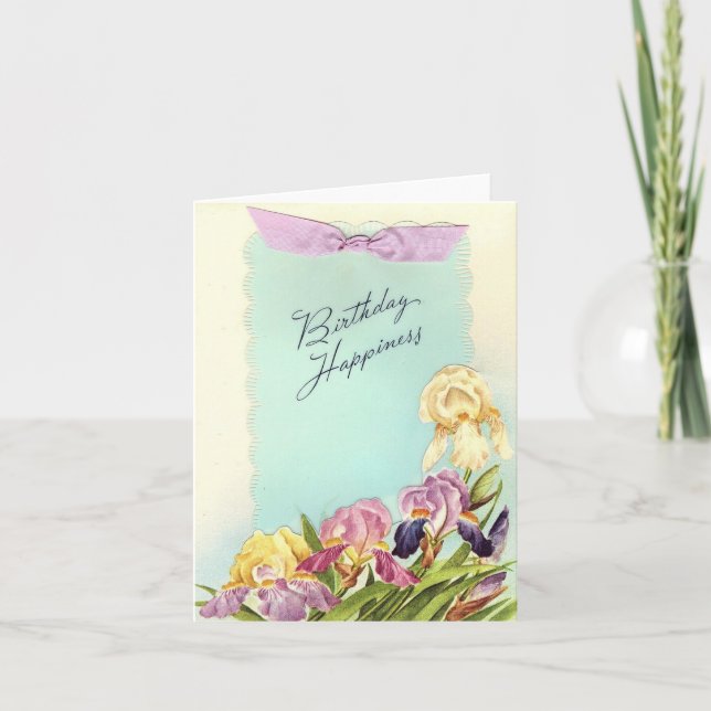 Carte Joyeux anniversaire vintage avec Irises (Devant)
