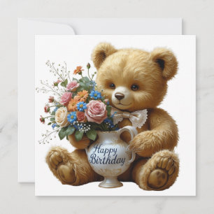 Carte Joyeux Anniversaire Vintage Ours en Teddy avec fle