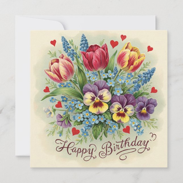 Carte Joyeux anniversaire Vintage Printemps Bouquet (Devant)