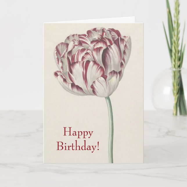 Carte Joyeux anniversaire - Vintage Tulipe rouge et blan (Devant)