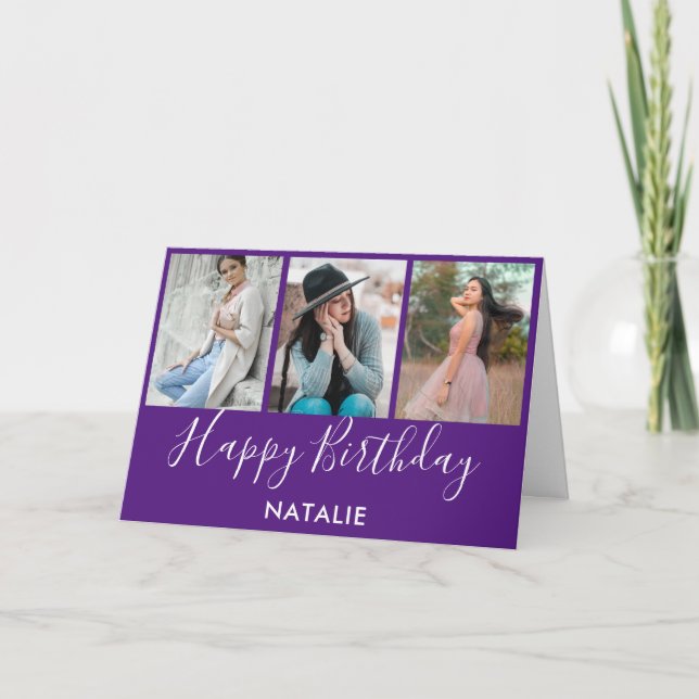 Carte Joyeux anniversaire violet blanc 3 photo Collage (Devant)