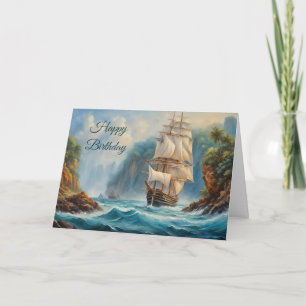 Carte Joyeux anniversaire Voilier Vintage près de l'île