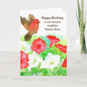 Carte Joyeux Anniversaire Voisin Red Petunias Finch Bird