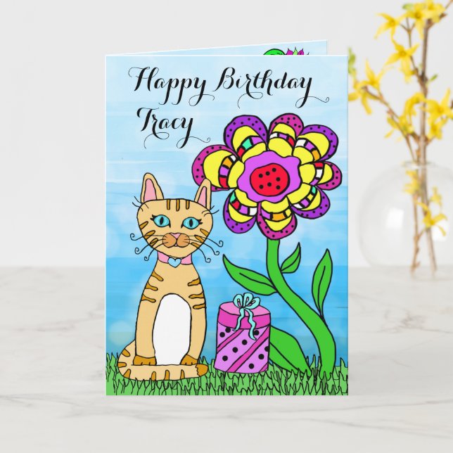 Carte Joyeux anniversaire Whimsical Chat et Fleurs (Fleur jaune)