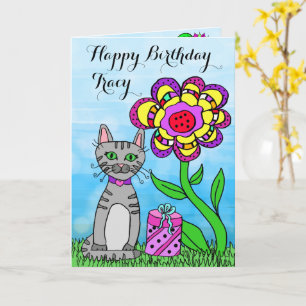 Carte Joyeux anniversaire Whimsical Chat et Fleurs
