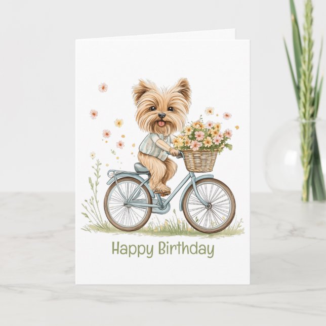 Carte Joyeux anniversaire Yorkie Chien Vélo Fleurs de pr (Devant)