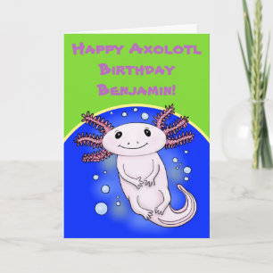 Carte Joyeux axolotl anniversaire bleu bulles dessin ani