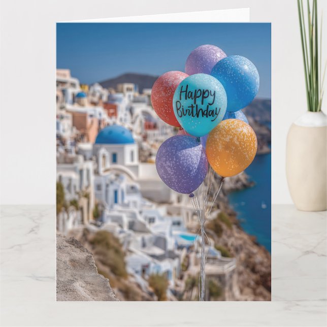 Carte Joyeux ballons d'anniversaire à Santorin, Grèce (Devant)