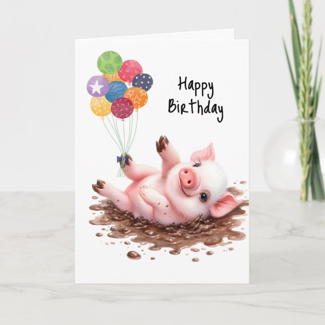 Carte Joyeux Ballons d'anniversaire Petit Cochon Roulant (Devant)