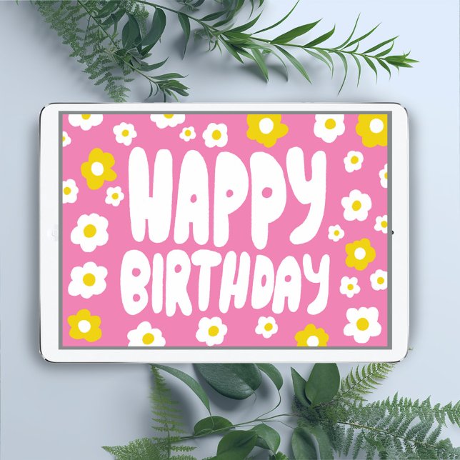 Carte JOYEUX BANNIVERSAIRE Bulle Lettres Anniversaire PE (Custom groovy happy birthday card with bright pink and yellow daisy pattern - digital or paper card)