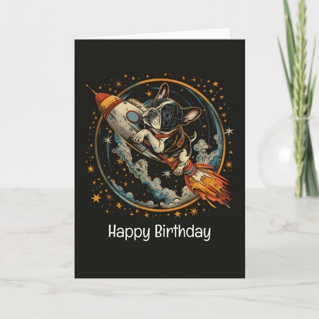 Carte Joyeux Bateau à fusée d'anniversaire French Bulldo (Devant)