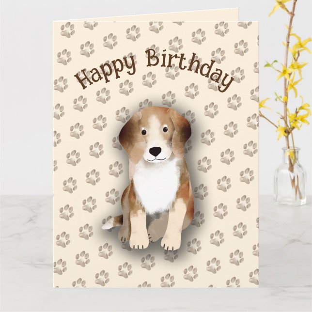 Carte Joyeux Beagle d'anniversaire avec empreintes de ch (Fleur jaune)