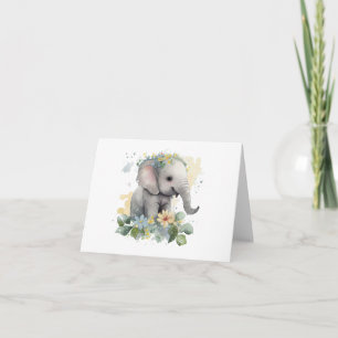 Carte Joyeux bébé aquarelle éléphant avec fleurs BLANC
