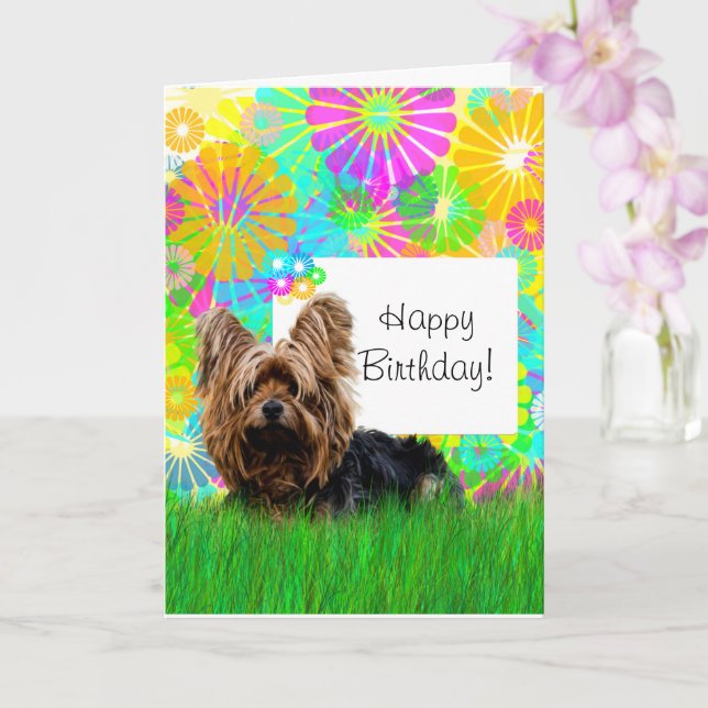 Carte Joyeux Birthday Yorkie Dog Card (Orchidée)
