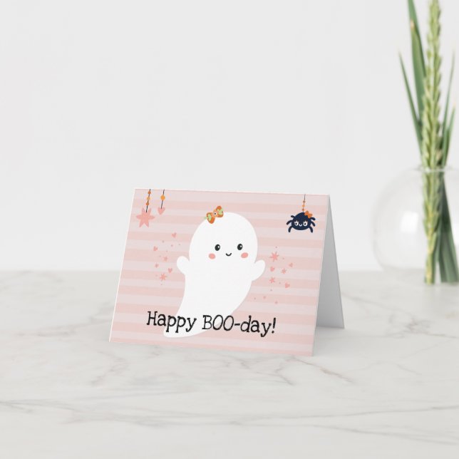 Carte Joyeux BOOday Fantôme Kawaii Rose Halloween (Devant)