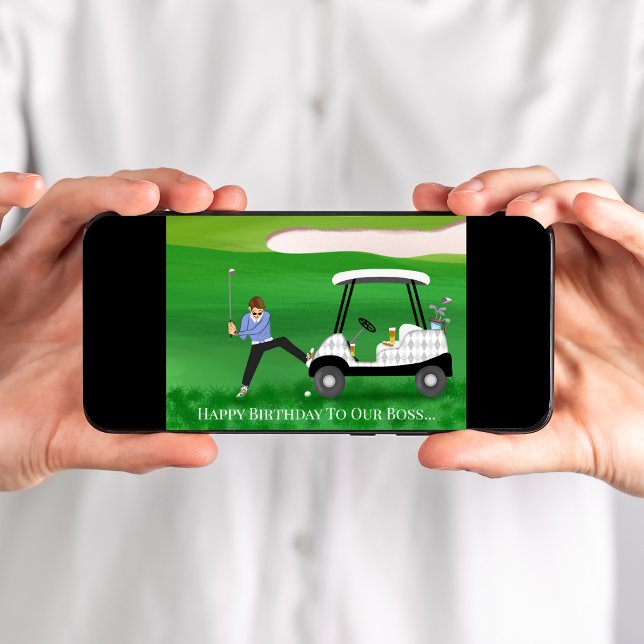 Carte Joyeux Boss D'Anniversaire- Golfeur Dans Une Situa (Navigate a hilarious golfing mishap with this 'fairway' out birthday instant card!)