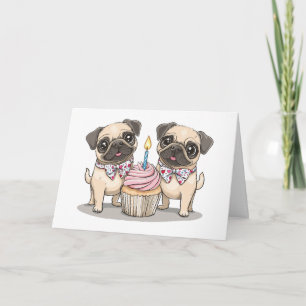 Carte Joyeux Carlin d'anniversaire Chiens Cupcake
