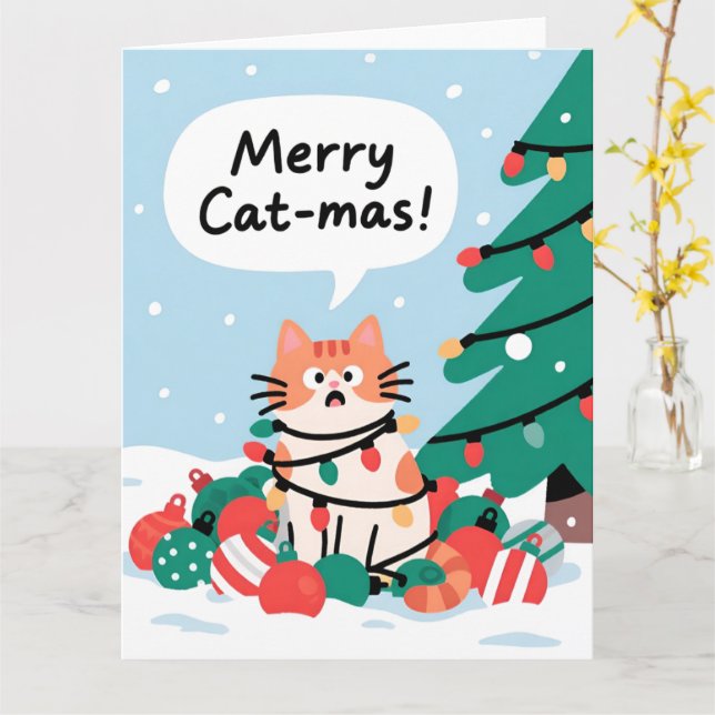 Carte Joyeux Cat-Noël Mignon Drôle Chat Noël (Fleur jaune)