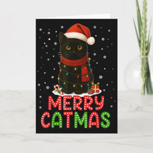 Carte Joyeux Catmas Chapeau de Père Noël Drôle Chat Noir