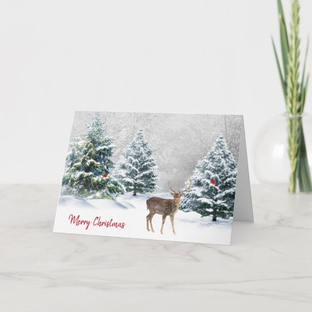 Carte Joyeux Cerf De Noël En Bois D'Hiver (Devant)