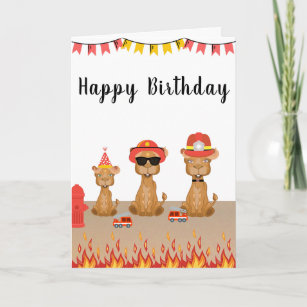 Carte joyeux chameau pompier d'anniversaire gâteau jaune