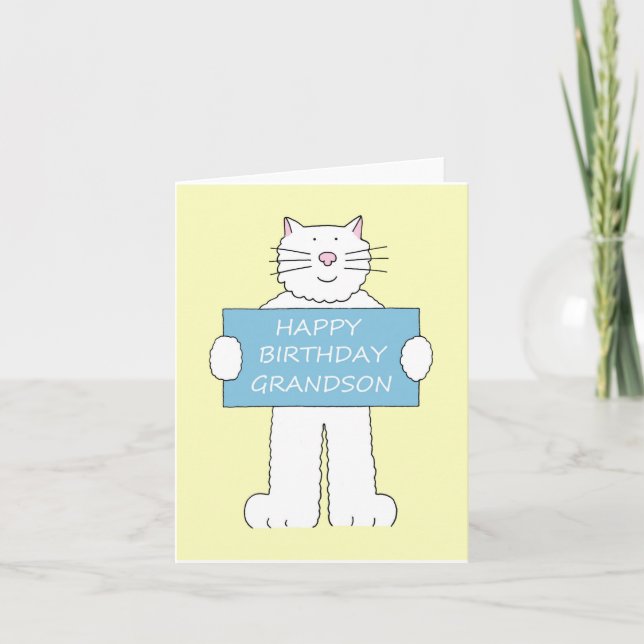 Carte Joyeux Chat Blanc Petit-fils Anniversaire (Devant)