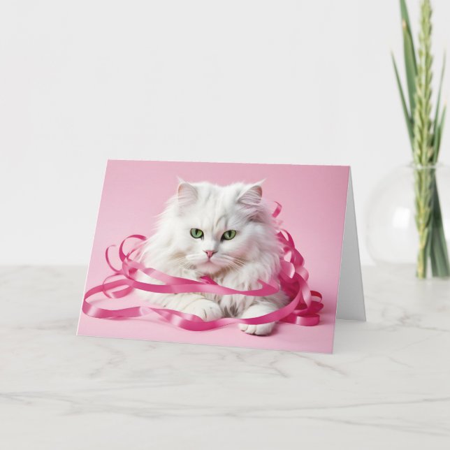 Carte Joyeux Chat D'Anniversaire En Rubans Roses (Devant)