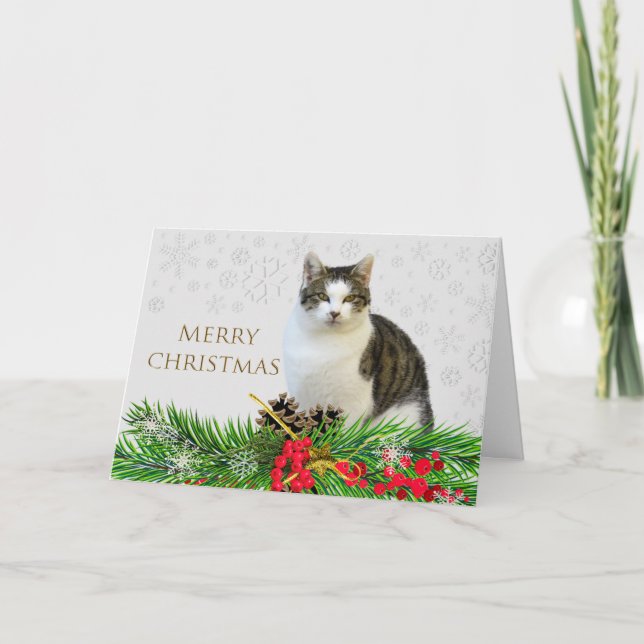 Carte Joyeux chat de Noël avec vacances vertes (Devant)