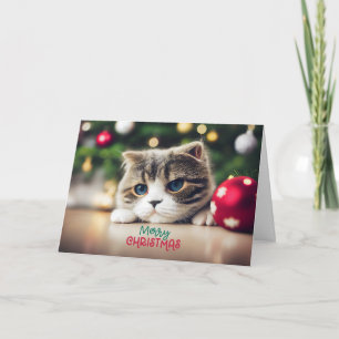 Carte Joyeux chat de Noël mignonne aux yeux bleus