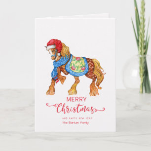 Carte Joyeux Cheval de Noël avec Santa Hat Salutation