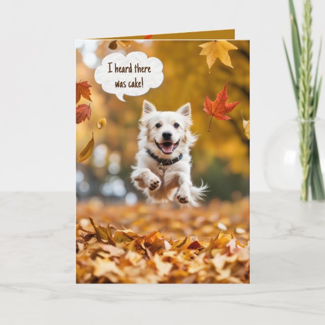 Carte Joyeux Chien D'Anniversaire En Feuilles Automnes (Devant)