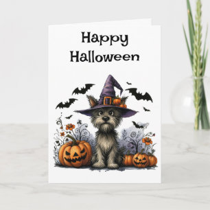 Carte Joyeux chien d'Halloween dans un Casquette de sorc