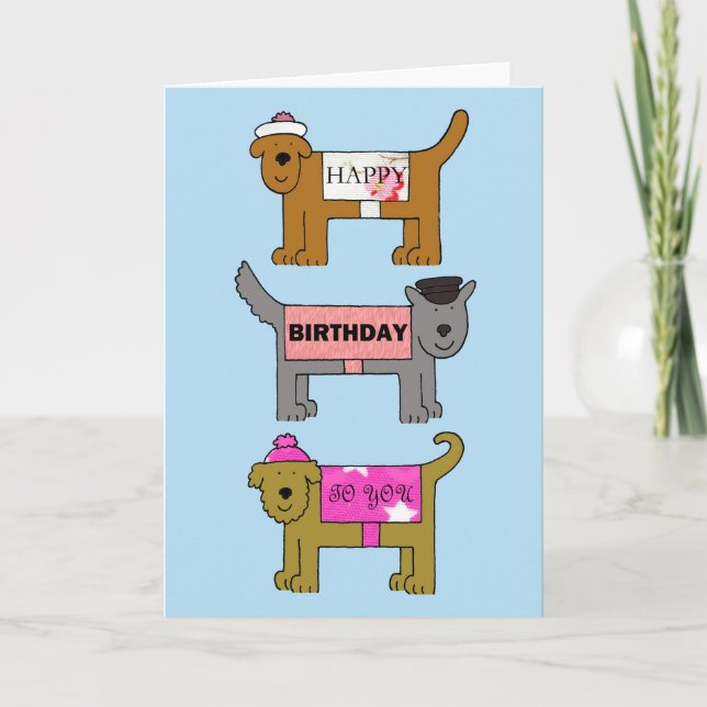 Carte Joyeux Chiens d'anniversaire en vêtements (Devant)