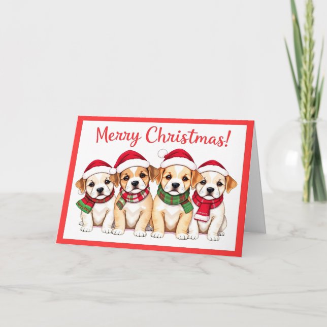 Carte Joyeux Chiens de Noël avec frontière rouge (Devant)