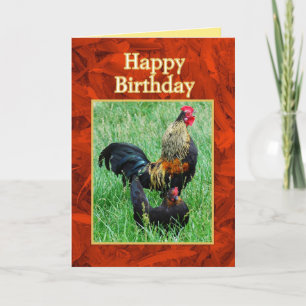 Carte Joyeux coq d'anniversaire et plumes rouges Hen