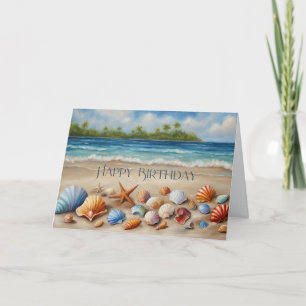 Carte Joyeux coquillages d'anniversaire sur la plage tro