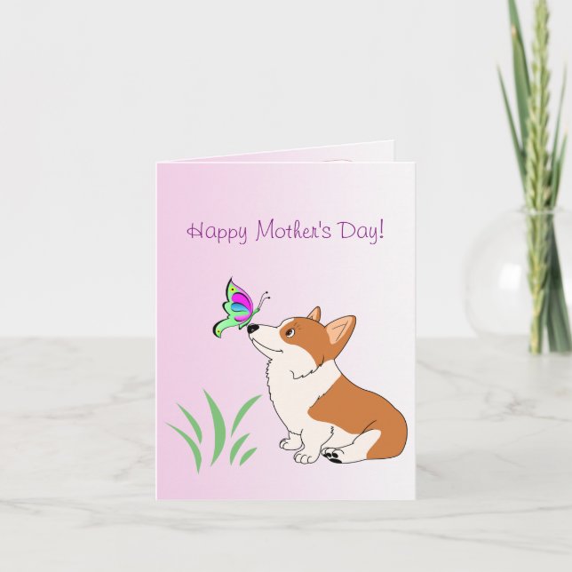Carte Joyeux Corgi de la Fête des Mères avec Papillon (Devant)