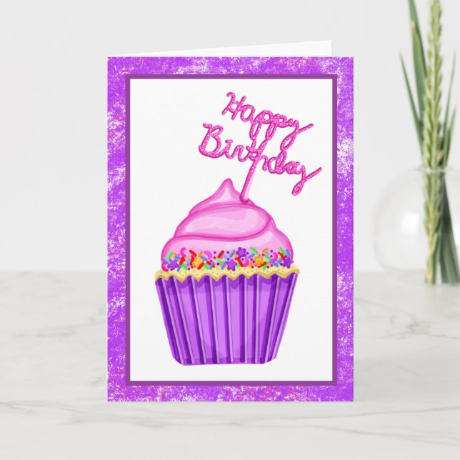 Carte Joyeux cupcakes rose et violet d'anniversaire (Devant)