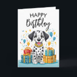 Carte Joyeux Dalmatien avec des cadeaux et Confetti Anni<br><div class="desc">Un Dalmatien assis à côté d'une pile de cadeaux d'anniversaire,  idéal pour une fête d'anniversaire.</div>