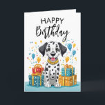 Carte Joyeux Dalmatien avec des cadeaux et Confetti Anni<br><div class="desc">Un Dalmatien assis à côté d'une pile de cadeaux d'anniversaire,  idéal pour une fête d'anniversaire.</div>