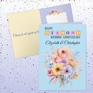 Carte Joyeux Diamant Anniversaire noms fleurs bleu