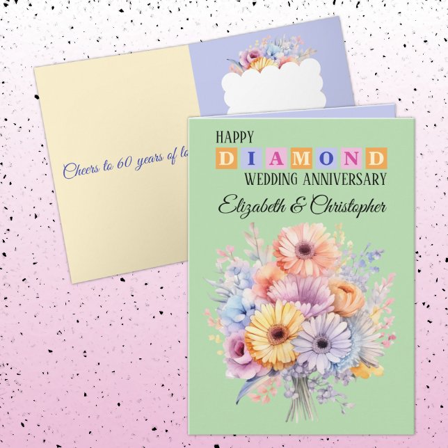 Carte Joyeux Diamant Anniversaire noms fleurs vert (Créateur téléchargé)