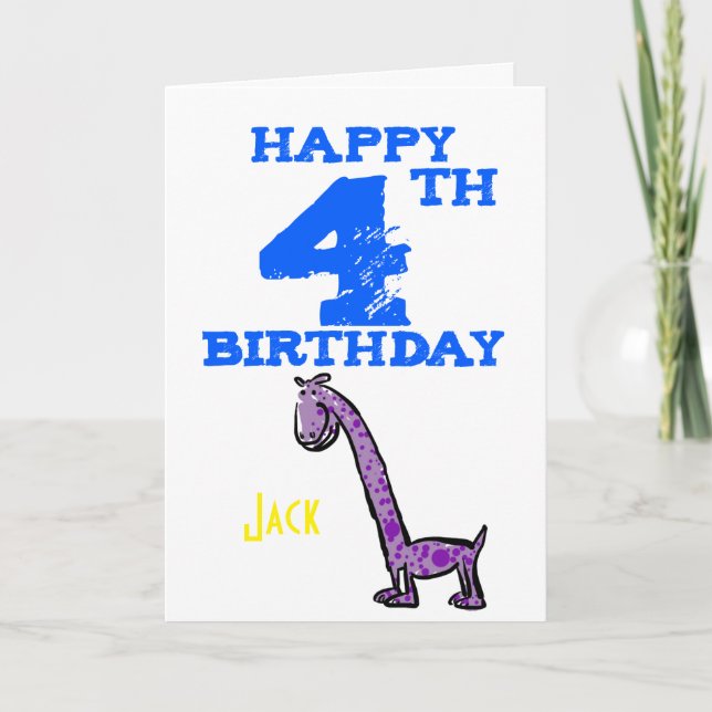 Carte Joyeux dinosaure de dessin animé de 4 ans - garçon (Devant)