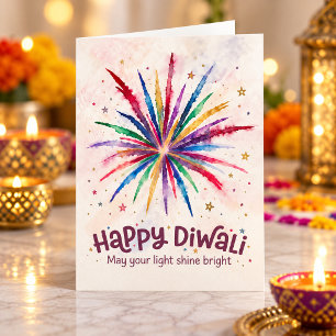 Carte Joyeux Diwali Aquarelle de Feux d'Artifice Colorés